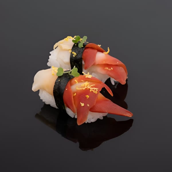 Two pieces of nigiri sushi, one with white scallop and one with red clam, on a dark surface.