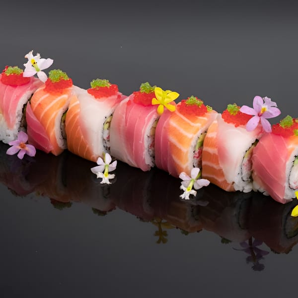 A row of colorful YuGo Sushi rolls topped with roe and delicate edible flowers on a reflective surface.