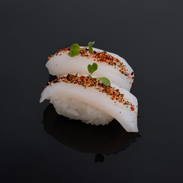 Two pieces of white squid nigiri sushi, topped with spices and microgreens, on a dark surface.