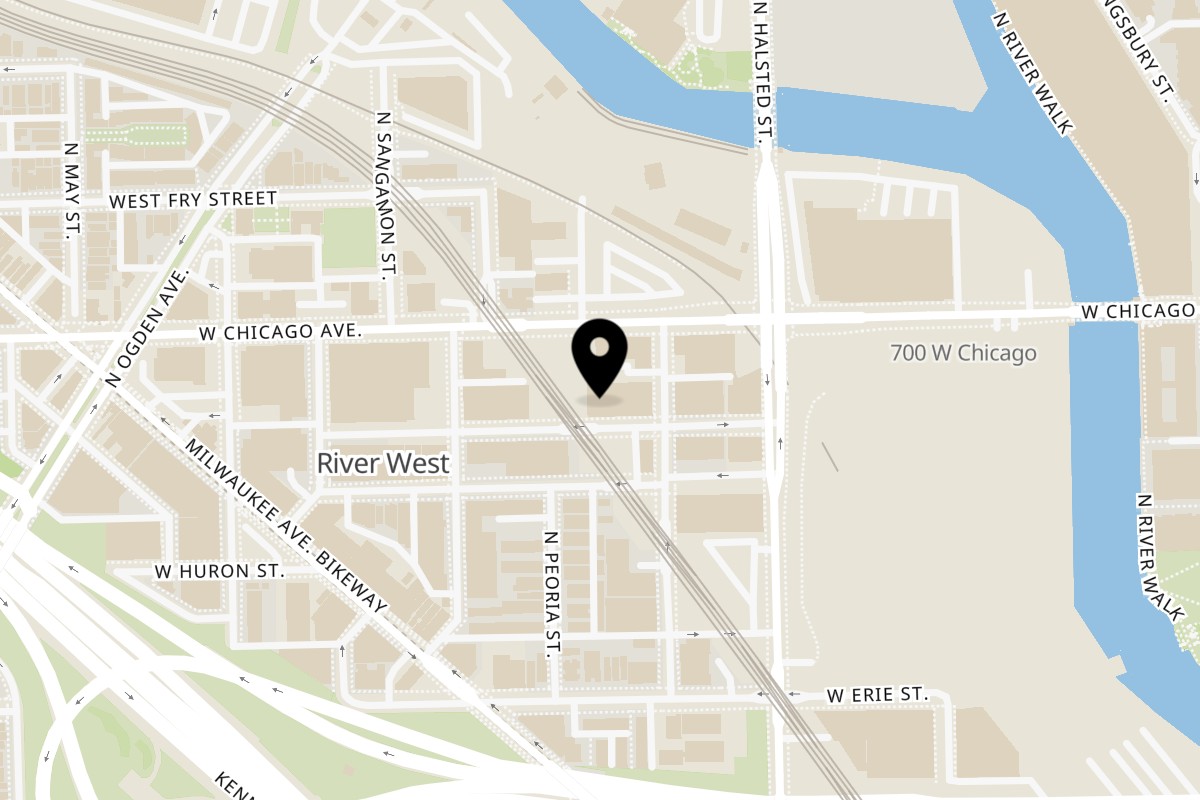 Map showing the location of YuGo Sushi & More on 850 W Superior St K1 in Chicago